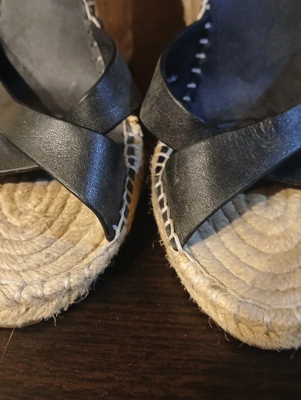 JOIE black leather jute wedges